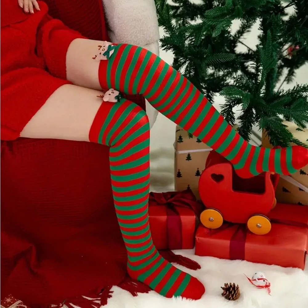 Plush Reindeer Christmas Over-the-Knee Socks Red & Green Striped, Soft Polyester